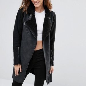 Long Faux Shearling Contrast Biker Coat by Only